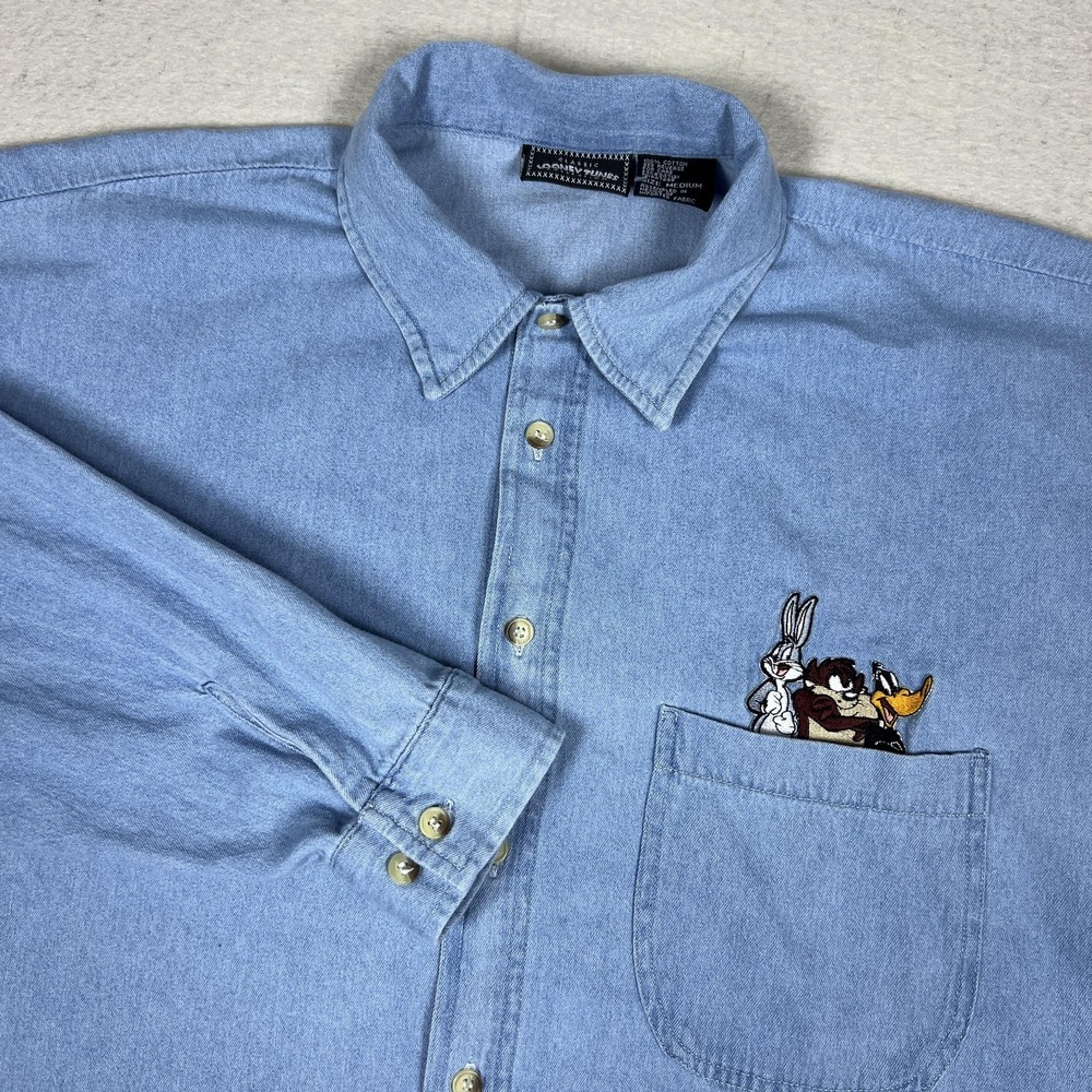 Vintage Looney Tunes‎ Shirt Mens Medium Blue Denim Long Sleeve Embroidered Bugs